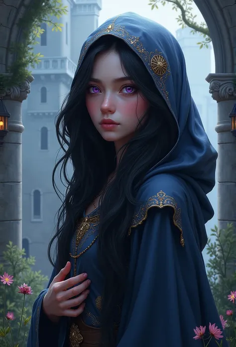 cute girl with a hood,  purple eyes ， black hair ，Medieval fantasy