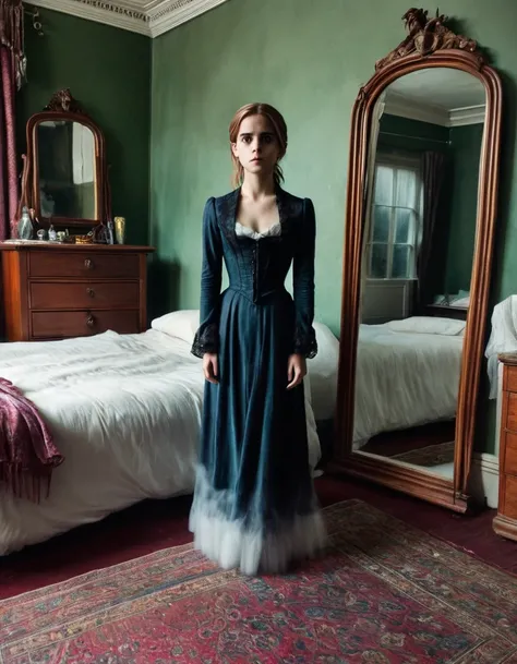 Emma Watson, standing, bedroom in a victorian house, looking into a mirror, GhostlyStyle 