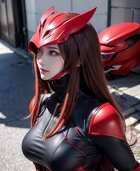 A female red monster, red monster suit, as she monster , full body , red eyes, helmet mask, high detailed, realistic, gloves, ultra realistic, ((full face helmet)), black shield sunglasses on eyes, smart black sunglasses ((red pupils eyes))