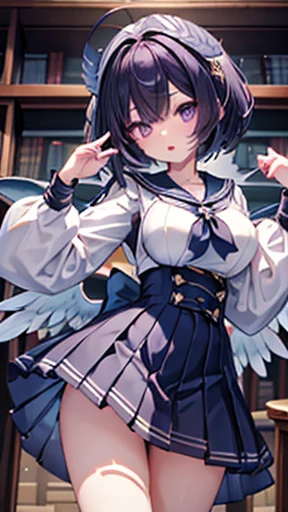 ((masterpiece,Best Quality,Super detailed)),((Seraph,Sailor suit,(  high waist skirts))), purple eyes, Black Hair ,library, pleated skirt,dress,((cute,Anime)), Open your mouth ,Curious,Eye on the details, Big Breasts、