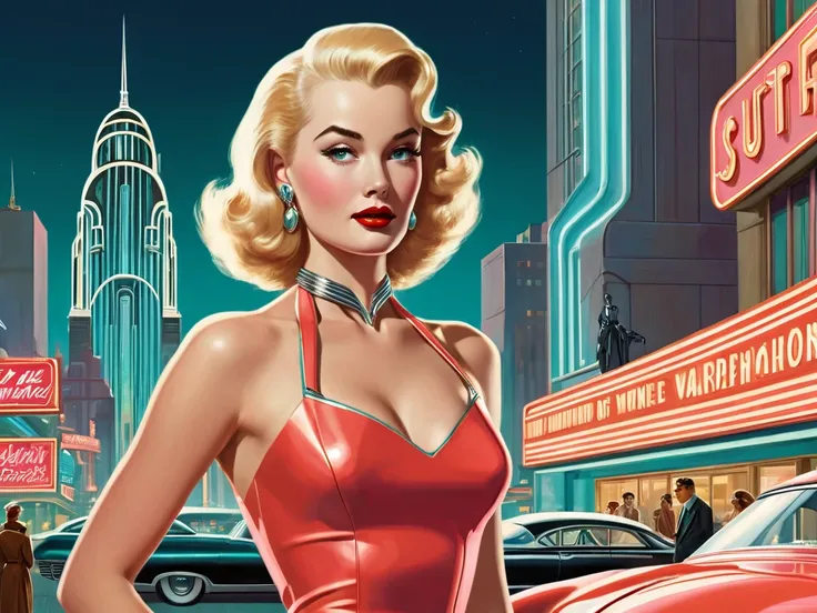  a hyperrealistic  close-up shot of a 1950s very beautiful blonde  woman (long hair) in a fitted  red halter top dressed stands confidently in a chrome-plated futuristic cityscape. Shes accompanied by her personal helper robot, designed with rounded edges ...