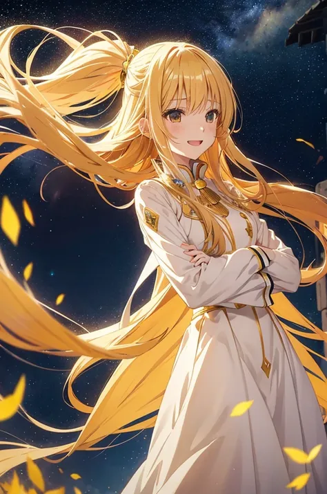 girl,  flowing golden blond hair, Yellow Eyes, Golden Imperial Costume, Neckline, Anime, The background is a bright starry sky , Dynamic Angle, Derisive laughter