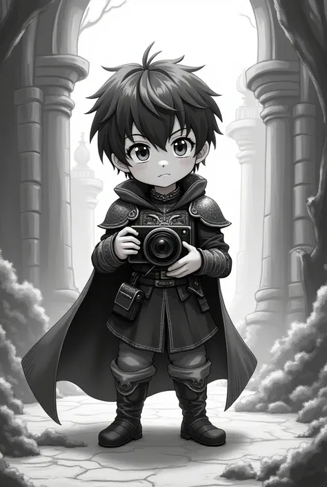 Anime. Boy holding camera asy world. Background is black and white image wearing medieval fantasy costume