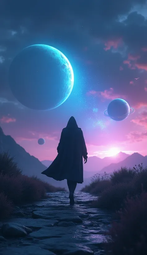 A cinematic shot of a small, dark figure with a hooded cloak walking down a stone path towards a fantasy galaxy horizon. The sky is filled with blue and violet planets and is dotted with stars. There are futuristic spaceships flying across the sky. The bac...