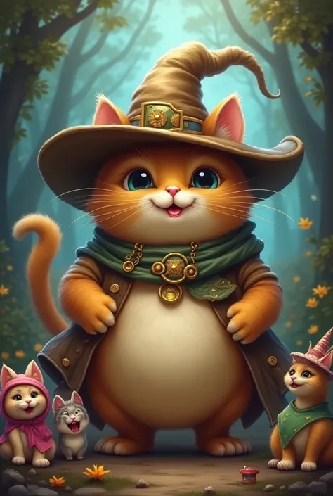 A fat magical cat wearing a hat, with joyful and playful expression with his other friends and magical  