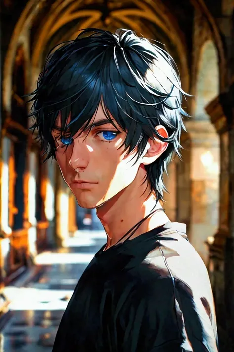   An attractive 26-year-old man  ,   black hair, Blue eyes, Sharp jaw,  with a menacing look  . black t-shirt.  In the background, a corridor of the castle .