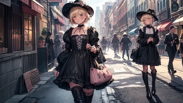 best quality,ultra-detailed,((background:outside street1,8)),(walk in the street),(cowboy shot),((one boy)),((fem boy)),((trap)),((bulge)),black-choker,((blonde short hair)),((man’s face)),((dress up as a woman)),((blush)),((flustred)),((poor chest)),((fla...