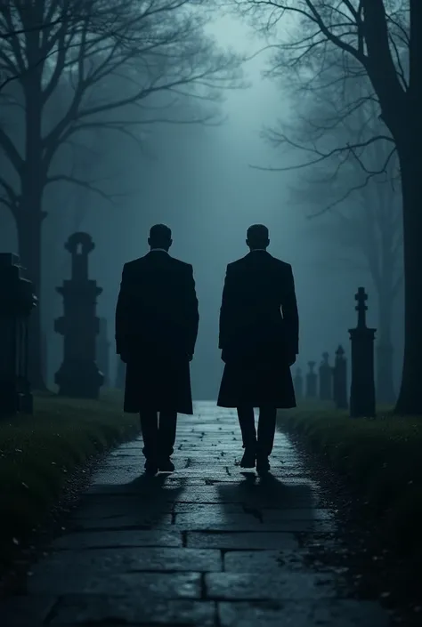 Two men go to the cemetery at night wearing coat pant and face front