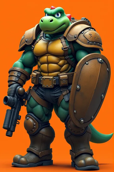 yoshi, muscular, pants, jacket,body armor, weapon, weapon shotgun, weapon minigun, uniform, holding minigun, shield, big shield, 1boy, shoulder armor, armor, solo, pauldrons, english text, upper body, character name, muscular, looking at viewer, muscular m...