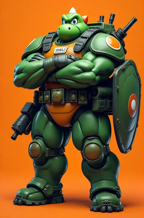 yoshi, pants, jacket,body armor, weapon, weapon shotgun, weapon minigun, uniform, holding minigun, shield, big shield, 1boy, male focus, crossed arms, shoulder armor, armor, solo, pauldrons, english text, upper body, character name, muscular, looking at vi...