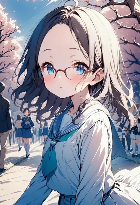 One Girl、Black Hair、Japanese、Showing his forehead、Beautiful eyes、future、Student Uniform、high school student、Black-rimmed glasses、delicate、 slender、beautiful girl、Small stature、Small face
