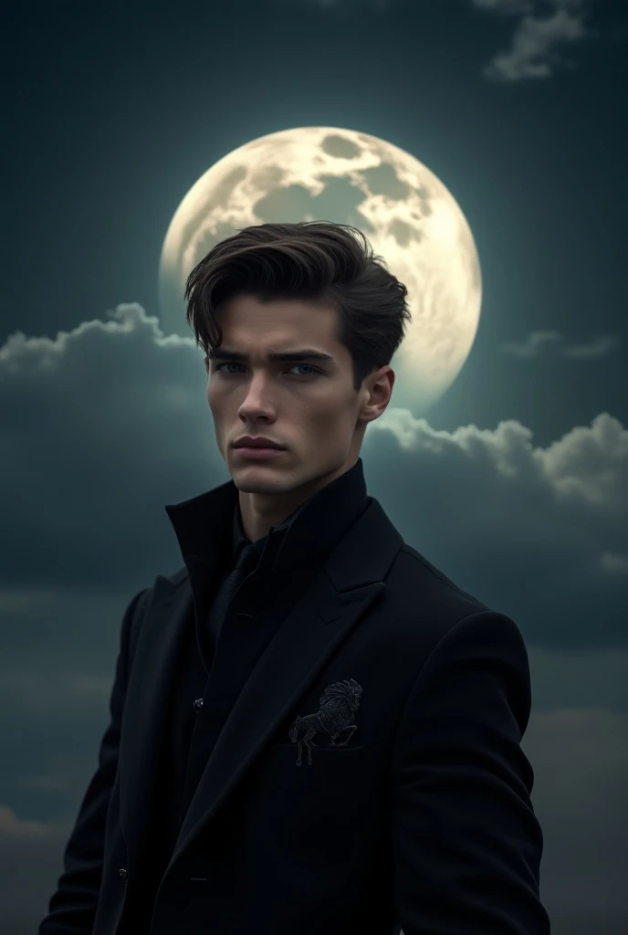 A stylish boy of  old with great hair with a moon background with a black outfit in which written Capricorn ,

