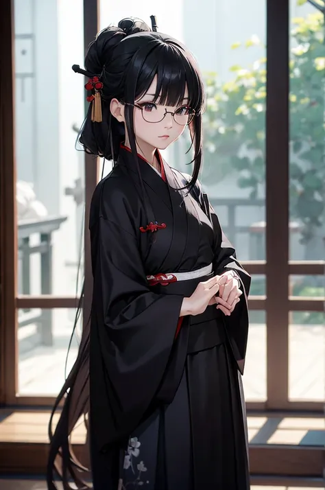 (faithfulness: 1.4), ((black hanfu)), big sleeves, small ring, get up, mole under the eye, [denim lenses, bokeh, perspective sho...