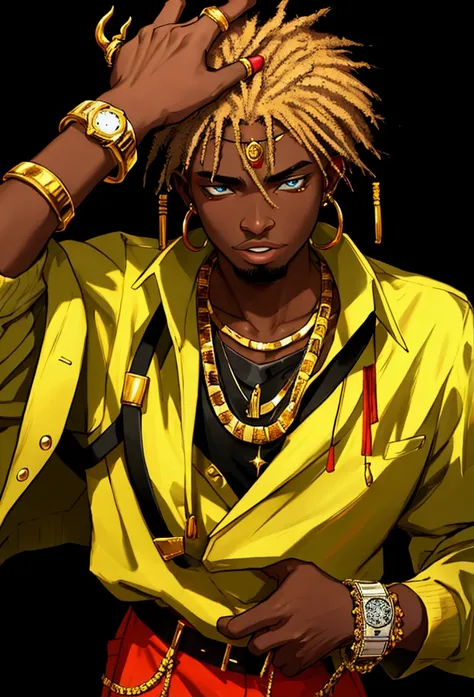 An African rap with gold threads gold watches gold teeth with clothes from Niky 