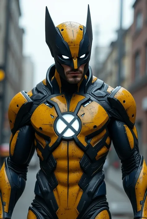 "A futuristic Iron Man suit with a sleek, metallic design, featuring sharp, retractable claws reminiscent of Wolverine’s. The suit is painted in a bold yellow and dark blue color scheme, with Wolverine’s iconic X-Men insignia on the chest. The helmet has a...