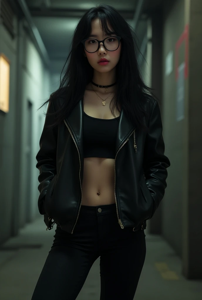 korean woman with glasses and long messy black hair wearing spandex leggings with leather jacket