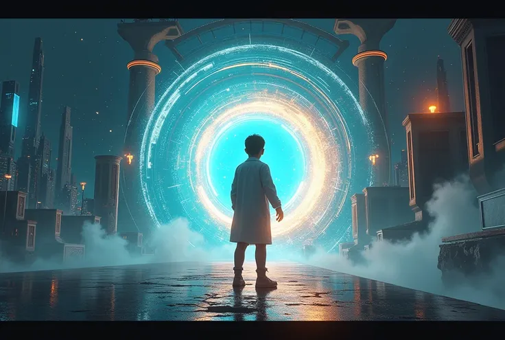 
---

A futuristic and dramatic scene showing a young scientist standing in front of a glowing, swirling portal or wormhole, symbolizing time travel. The background is a mix of a high-tech, futuristic city on one side and an ancient, historical setting on ...