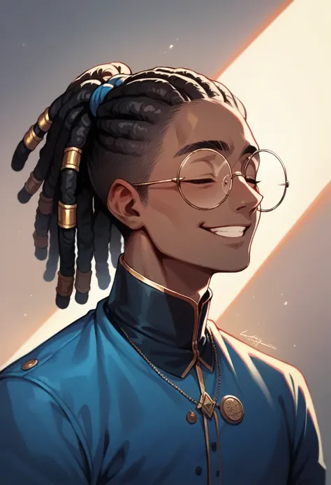 a black skinned anime boy with korean features, short dreadlocks hair, wearing blue clothes and round glasses, smiling with closed eyes, detailed portrait, hyper realistic, 8k, masterpiece, cinematic lighting, vibrant colors