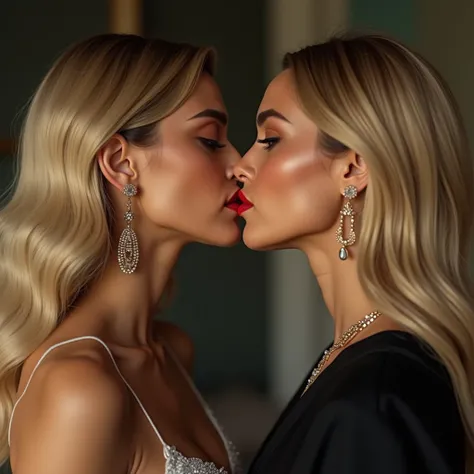 Two beautiful blonde Deepika Padukone lesbian kissing, beautiful detailed eyes, beautiful detailed red lips, extremely detailed eyes and face, long eyelashes, beautiful skin, elegant pose, instagram influencer, fashionable outfit, realistic, photorealistic...