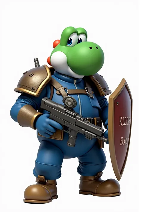 yoshi, pants, jacket,body armor, weapon, weapon shotgun, weapon minigun, uniform, holding minigun, shield, big shield, 1boy, male focus, shoulder armor, armor, solo, pauldrons, english text, upper body, character name, looking at viewer, parody, shoulder p...