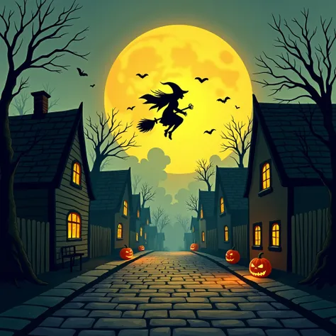 cartoon，illustration，Halloween，Fantasy landscape，The Flying Witch ， dark and melancholy atmosphere ，Full Moon，spooky fog ， cobblestone streets ，bat，Jack-o&#39;-lantern，Abandoned buildings，Sense of Space，blank，interesting，Innocence，Psychedelic Art，Strong vi...