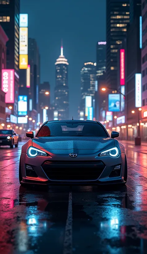 Realistic image of a car against the city at night