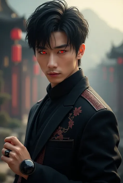 Western handsome manin a combat suit set in a Chinese fantasy wuxia world but with modern short black hair with red pupils and a black gemstone ring on the third finger of left hand