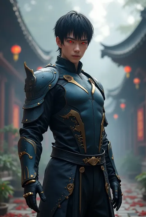 Man in a combat suit set in a Chinese fantasy wuxia world but with modern short black hair with red pupils and a black gemstone ring on the third finger of left hand