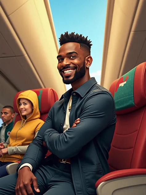 {
  "prompt": "Create an image of a smiling black influencer sitting iirplane seat. He has a neatly styled short haircut and is wearing a stylish, modern outfit. The airplane interior should be visible, with details like windows, overhead bins, and airline...