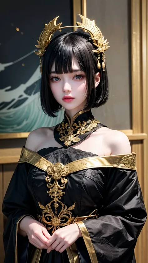 traditional Japanese black outfit, A black straight bob hairstyle with thick shoulder-length bangs, sharp Eye makeup, Loong motifs, Decorated in green and gold, Golden Ratio, Animation details, Beautifully, QuixelMegascans Trends, Perfect image, Ultra-high...