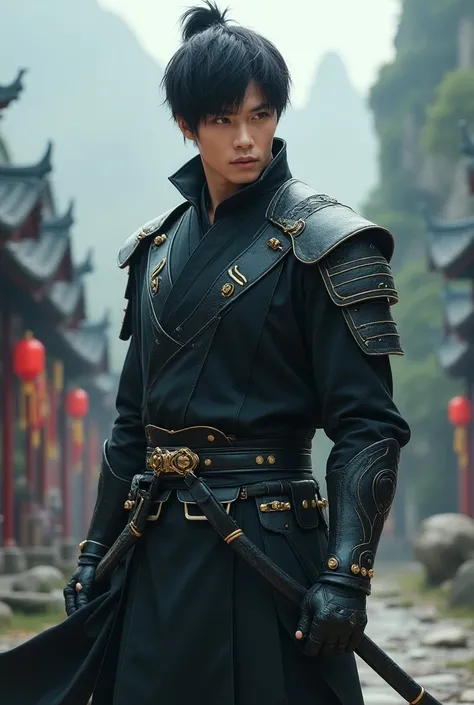 Man in a combat suit set in a Chinese fantasy wuxia world but with modern short black hair with red pupils and a black gemstone ring on the third finger of left hand