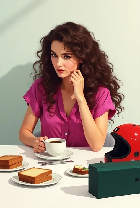  Create curly-haired woman , loose,  sitting at a white table , with a JBL box on top , flip 5, dark green in color.  On the table there is also a red helmet with black .  The woman is eating sandwich bread and drinking milk with coffee in a cup.  She also...