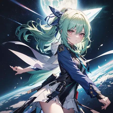 緑のSpace Policeの制服を着た銃を持つ女子,Green Hair,stylish,Anime Style 4k,Space Police,Western shot,Stand in front,26 year old woman