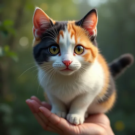 a beautiful adult calico cat, photorealistic, extremely detailed fur, beautiful eyes, detailed facial features, soft lighting, depth of field, natural environment, vibrant colors, high resolution, 8k, masterpiece, perched on human finger