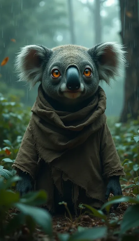  A koala with big, glowing eyes, sad look,  wearing a beggars outfit  , on a rainy day, standing in a forest  