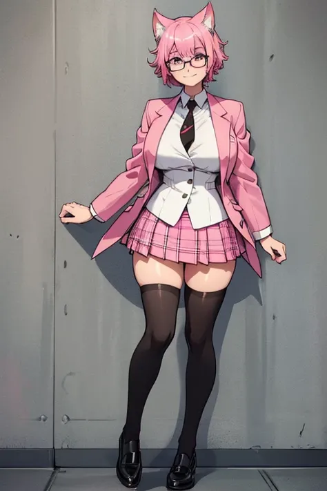 female, pink short hair, red eyes, black ears, pink cat tails, (((1girl))), (((pink blazer))), (white dress shirt), (black and white plaid skirt), (black thigh high socks), (brown shoes), (glasses), cute and sexy, full body, big breasts, long legs, smiling