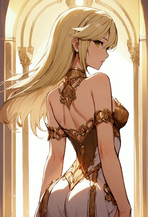 rear view of sexy young blonde female valkyrie