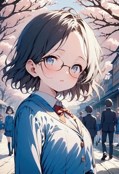 One Girl、Black Hair、Japanese、Short Hair、The back of the hair is crisp、Showing his forehead、Beautiful eyes、future、Student Uniform、high school student、Black-rimmed glasses、delicate、 slender、beautiful girl、Small stature、Small face
