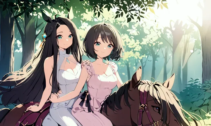 ((Best Quality、8k、masterpiece:1.3))、 Anime style 、Human Girl、1 person、1 person、((Petite、 glamorous body that rides on a horses back、Curvy))、cute、Smiling face,Beautiful long black hair, beautiful emerald green eyes、Sitting on a horses back , wearing a light...