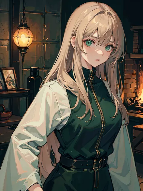 1 person, upper body, (((female adult))), (((woamn in her 20s))), (((mature))) post apocalyptic setting, long dark blonde hair, dark green eyes, anime, no mistakes, best anatomy, masterpiece, hq, hd