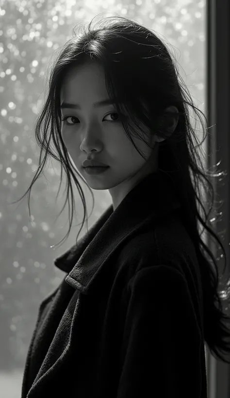 a young indonesian girl, 28 years old, wearing a black tweed trench, wind blows her hair, wet big borderless glass as background, black and white, cinematic studio lighting, dramatic, (best quality,4k,8k,highres,masterpiece:1.2),ultra-detailed,(realistic,p...