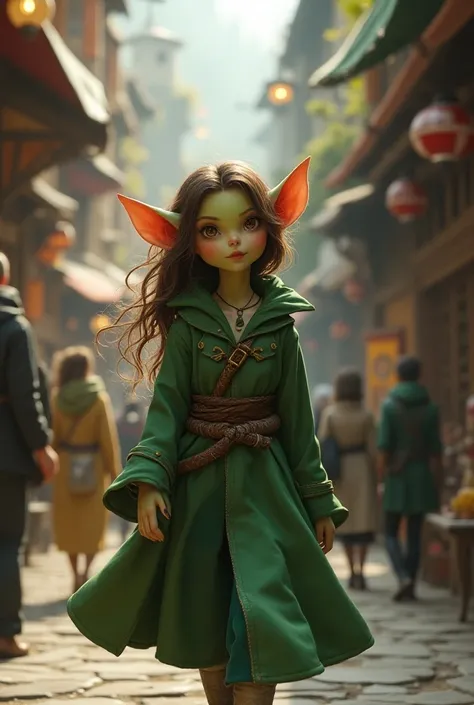 1 female goblin, age 18, light green skin, she has brown hair, she is very beautiful, she wears a mage robe, she is having a fun time walking down a crowded street of a medival city