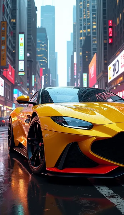 Realistic image of a car with a city background. The main color palette is yellow red black and white