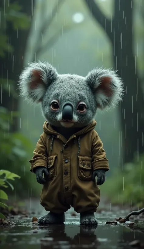 A koala cub looking sad,  wearing a beggars outfit  , on a rainy day, standing in a forest  