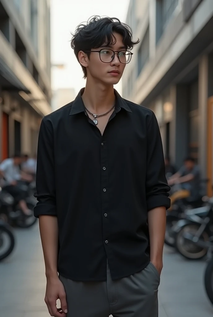 21 year boy with dark hair he is in a black shirt gray pant transparent glasses 