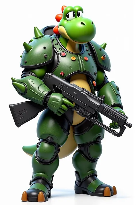 yoshi, pants, jacket,body armor, weapon, weapon shotgun, weapon minigun, uniform, holding minigun, shield, 1boy, male focus, shoulder armor, armor, solo, pauldrons, upper body, character name, looking at viewer, shoulder pads, white background, blue eyes, ...