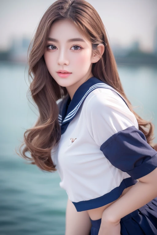 a beautiful young jojia woman, extremely detailed eyes, extremely detailed lips, long eyelashes, beautiful detailed hair, beautiful detailed skin, full body pose in sailor outfit, masterpiece, realistic, surreal, 8k, best quality, ultra-detailed