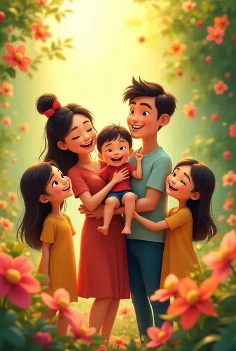  animated family photo of parents , two sisters. 
Mom is the main character who is carrying her brother.  The whole family is laughing happily around there are many flowers
