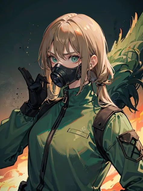 1 person, upper body, (((adult))), (((wman in her 20s))), (((mature))) post apocalyptic setting, long dark blonde hair, dark green eyes, serious expression, wearing a gas mask, anime, no mistakes, best anatomy, masterpiece, hq, hd