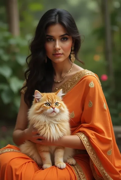 Bollywood heroine Katrina kaif holding a cat in her lap. Katrina wearing a saree. Cat is golden color. Persian cat
